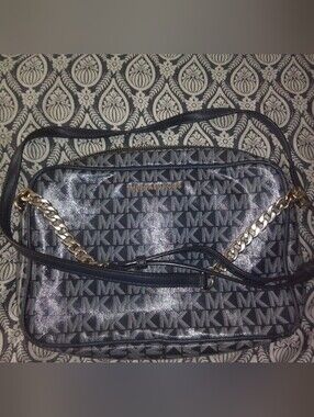 Michael Kors Black MK Logo Crossbody with Gold-Tone Chain